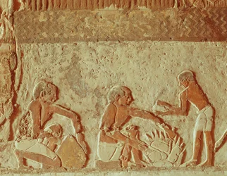 Relief, das die Herstellung und das Backen von Brot darstellt, Altes Reich (Wandmalerei)