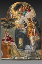Tragbarer Altar, linke Türtafel auf der Rückseite: Verkündigung (Detail)