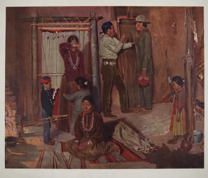 Verlassen des Hauses für die Carlisle Indian School (Chromolitho)