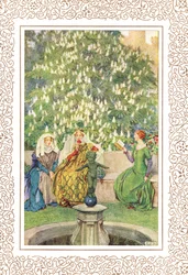 Die Königin, die zwischen ihrer besten Enid und der anmutigen Vivien saß..., Illustration aus 