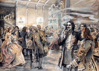 Osterfeiern am Hof von Peter dem Großen (Pierre le grand) - Gemälde von Elena Petrovna Samokish Sudkovskaya (Samokish-Sudkovskaya)(1863-1924) - Aquarell, Gouache auf Karton, 25,38x35 - Privatbesitz