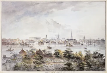 Ein Blick auf Stockholm von Kungsholmen mit dem Königspalast und Storkyrkan, Tyskakyrkan, Katarinakyrka und Riddarholmskyrkan