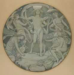 Karikatur für den Mittelkreis der Huntington-Decke: Apollo und Begleiter