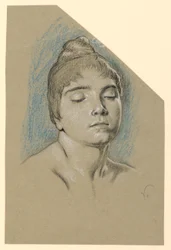 Zeichnung, Porträtskizze einer jungen Frau mit geschlossenen Augen, ca. 1885