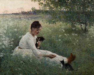 Mädchen mit Katzen in einer Sommerlandschaft