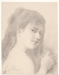 Brustbild einer Frau, die ihr Haar flechtet