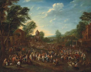 Ein Dorffest mit tanzenden und feiernden Menschen