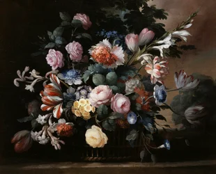 Stillleben mit Sommerblumen, Rosen, Primeln und Tulpen. Gemälde von Elise Bruyere (1776-1842) Privatsammlung.