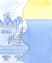 In einer Küstenstadt können wir die belebten Straßen und den Hafen betrachten oder den Himmel und das ruhige Meer bewundern