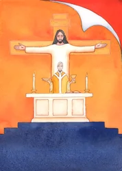 Jesus ist bei uns in der Messe gegenwärtig, betet zum Vater in unserem Namen, um Hilfe in unseren Bedürfnissen und für das ewige Heil. Wir können alle unsere Gebete mit seinem großen Opfergebet vereinen