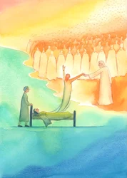 Die heilige Seele, die bereit für den Himmel ist, wird nicht nur von Christus, sondern auch von seiner heiligen Mutter und allen Heiligen empfangen