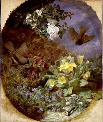 Zaunkönige füttern ihre Jungen in einem Nest (signiert und datiert 1876)