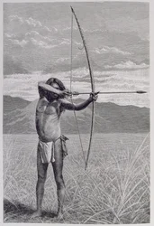 Ein Veddah aus Ceylon schießt mit dem Bogen, aus 