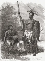 Ein Eingeborener von Ougogo, Zentralafrika, in Kriegskleidung, Illustration aus 