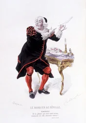 Bartholo in Der Barbier von Sevilla in Oeuvre complet de Beaumarchais (1732-1799) von Edouard Fournier, Ed. Laplace, Sanchez et Cie, Paris 1876 (Gravur)