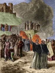 Kreuzzug gegen die Albigenser - Die letzten Verteidiger von Montsegur (Katharer) verbrannt auf dem Scheiterhaufen im Jahr 1244 - Gravur von Emile Bayard nach G. Burgun