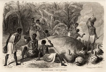Verkostung des Pombe (alkoholisches Getränk durch Fermentation), in Karague (westlich des Viktoriasees, im heutigen Simbabwe), Zeichnung von Emile Bayard (1837-1891), zur Illustration von Captain Spekes Entdeckungsreise in Afrika von 1860 bis 1863. Gravur 