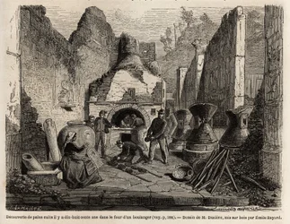 Entdeckt durch einen Bäckereiofen und erhaltenes Brot in Asche während der Ausgrabungen von 1864 in Pompeji, Zeichnung von Emile Bayard (1837-1891), zur Illustration von Marc Monniers Text (1829-1885) „Pompeji und die Pompejaner“. Gravur in „Le tour du mon