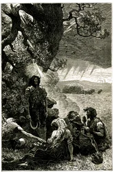 Gruppe von Erntearbeitern, die während eines Sturms von einem Blitz getroffen wurden, während sie unter einem Baum Schutz suchten