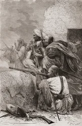 Nordafghanische Rebellen kämpfen 1878 in den Bergen von Hazara, Pakistan, gegen die Briten