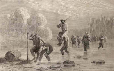 Paul Marcoy und seine Expedition werden 1874 von Chuncho-Indianern durch einen Sumpf in Argentinien getragen, Illustration aus 