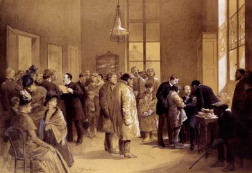 Tollwutimpfung: Louis Pasteur (1822-1895) appellierte an die Fans, während Dr. Gaucher ein russisches Kind, Joseph Meister, am 6.07.1885 in einem Labor in der Ulmstraße gegen Tollwut impfte. Drucke von Emile Bayard (1837-1891) 1886 Paris, Musee Pasteur