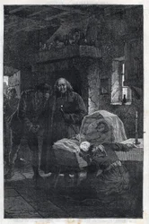 Der Bischof Myriel mit einer trauernden Familie - Illustration von Emile Bayard (1837-1891) für „Les Misérables - Erste Partie: Fantine“ von Victor Hugo (1802-1885) 1862