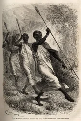 Die Ankunft von Kabba Rega, König der Ounyoro (Ost-Sudan) und die Häuptlinge seines Hofes, im Lager von Sir Baker zu einem offiziellen Besuch, graviert nach einer Zeichnung von Emile Bayard, zur Illustration einer Expedition in Zentralafrika, zur Unterdrüc