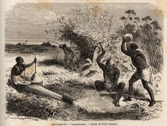 Die Schmiede im Ounyamouezi (Region der Großen Seen, Afrika), Zeichnung von Emile Bayard (1837-1891), Illustration der Entdeckungsreise in Afrika von 1860 bis 1863 von Captain Speke. Gravur in „Le tour du monde“, herausgegeben von Edouard Charton