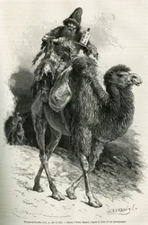 Der Führer und Dolmetscher der Expedition, Chutun Dzamba, 58 Jahre alt, hockte auf seinem Kamel, er murmelte ständig Gebete, Zeichnung von Emile Bayard zur Illustration der Reise nach Mongolei und dem Land der Tanguten von 1870 bis 1873, von dem Leutnant