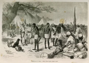 Die unverschämten Träger der Expedition an die Kette gelegt, Zeichnung von Emile Bayard, zur Illustration der Geschichte: Durch Afrika, von Sansibar (Tansania) nach Benguela (Angola), von 1872 bis 1876, von Leutnant V.H. Cameron. Gravur in Le tour du mon