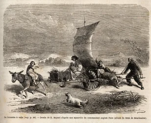 Das Segelschubkarren, Fortbewegungssystem in Nordchina, Zeichnung von E. Bayard, Illustration der Reise von Shanghai nach Moskau