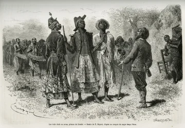 Die drei Anführer (oder Sovas), Prinzen von Dombe (Angola), und ihre Suite von Musikern und Höflingen, die dem Entdecker S. Pinto entgegenkommen. Gravur von Emile Bayard, zur Illustration der Geschichte, wie ich Afrika durchquert habe, vom Atlantischen Oze