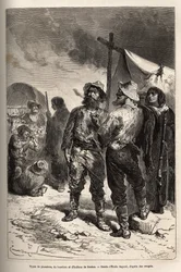 Typen von Pionieren, Viehtreibern und Indianern von Benton (Montana), Gravur nach der Zeichnung von Emile Bayard, zur Illustration der Reise von Washington nach San Francisco, 1868, von L. Simonin, veröffentlicht in „Le tour du monde“ 1874, herausgegeben v