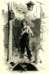 Victor Hugo: Les Miserables. Gavroche, Kind aus Paris. Illustration von Emile Bayard.