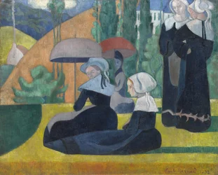 Bretonische Frauen mit Regenschirmen
