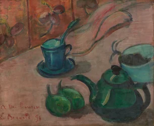 Stillleben mit Teekanne, Tasse und Obst