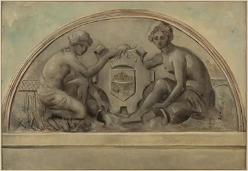 Skizze für den Giebel der Schule von Alfortville: Die Seine und die Marne umrahmen das Wappen von Alfortville, 1898