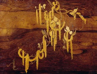 Mit Pflanzenmotiv eingelegt, Detail von Jugendstil-Nesttischen, ca. 1900, von Emile Galle (1846-1904), Detail, Frankreich, 20. Jahrhundert
