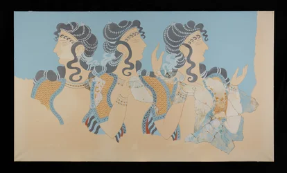 Gemälde des restaurierten Freskos der Blauen Damen aus dem Palast von Knossos (Evans Freskozeichnung O/7)