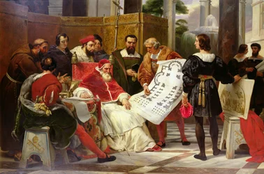Papst Julius II. befiehlt Bramante, Michelangelo und Raffael den Bau des Vatikans und St. Peter, 1827 (Detail)
