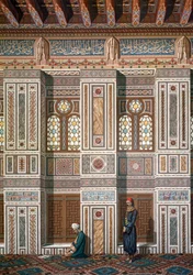 Innenansicht der Moschee von Khosne Ahmed el-Bordeyny. Chromolithographie nach Emile Prisse d