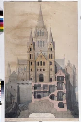 Gotische Architektur: Fassade der Kirche und Schnitt der Abteihäuser. Zeichnung des Stadtmuseums von Avranches (Manche)