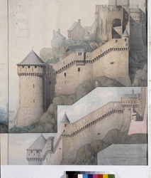 Ansicht der Maschikulis zwischen dem Nordturm und dem Claudine-Turm von Mont Saint Michel. Zeichnung von Emile Sagot. Städtisches Museum von Avranches (Manche)