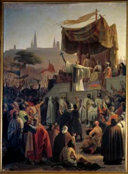 Der heilige Bernhard von Clairvaux (San Bernardo di Chiaravalle) predigt den Zweiten Kreuzzug in Gegenwart von König Ludwig VII., Königin Eleonore von Aquitanien und Abt Suger am 31. März 1146 in Vézelay in Burgund. (Der heilige Bernhard predigt den
