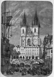 Gotische Architektur: Außenansicht der Kirche Unserer Lieben Frau von Tyn (Teynkirche) in Prag. Ihr Bau dauerte vom 14. bis zum 16. Jahrhundert. Gravur von Therond in „Le Magasin Pittoresque“.
