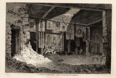 Innere Ansicht eines tibetischen Tempels, Zeichnung von Therond zur Illustration des Rückblicks auf das geographische Jahr 1862 von Vivien de Saint Martin. Gravur in „Le tour du monde“, herausgegeben von Edouard Charton