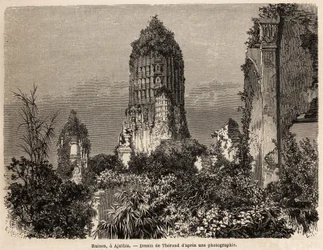 Die Ruinen in der Vegetation des Dschungels in Ajuthia (Thailand). Zeichnung von Therond zur Illustration der Reise durch die Königreiche Siam, Kambodscha und Laos von 1858 bis 1861 von Henri Mouhot. Gravur in „Le tour du monde“, herausgegeben von Edouard 