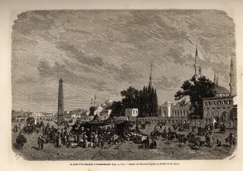 Der Platz von Ett Meydan in Konstantinopel (heutiges Istanbul, Türkei). Zeichnung von Therond zur Illustration der Studie über türkische Frauen 1862 von F. Jerusalemy. Gravur in „Le tour du monde“, herausgegeben von Edouard Charton