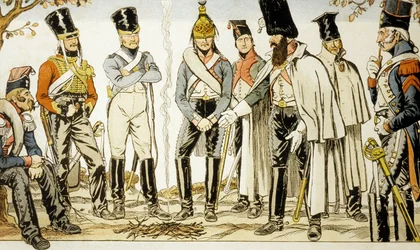 Französische Armee 1810 von links nach rechts: Leichter Lanzenreiter, Husarenreiter, Dragoner